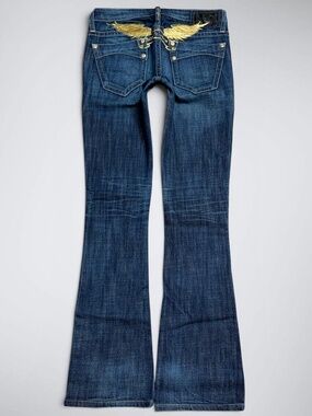Vintage Y2K Robin’s Jean Dark Wash Ultra Low Rise Bootcut Jeans | Gold Wing Embr
